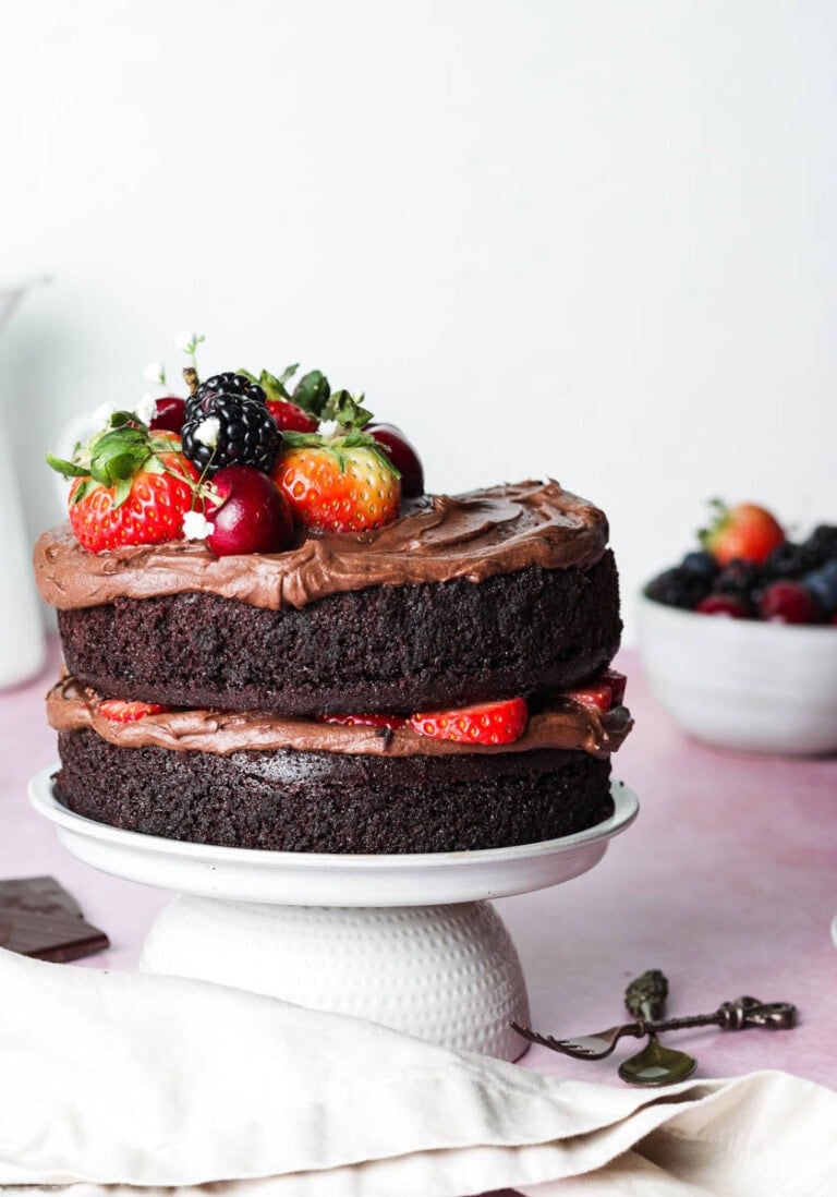 full shot of chocolate cake on a cake stand