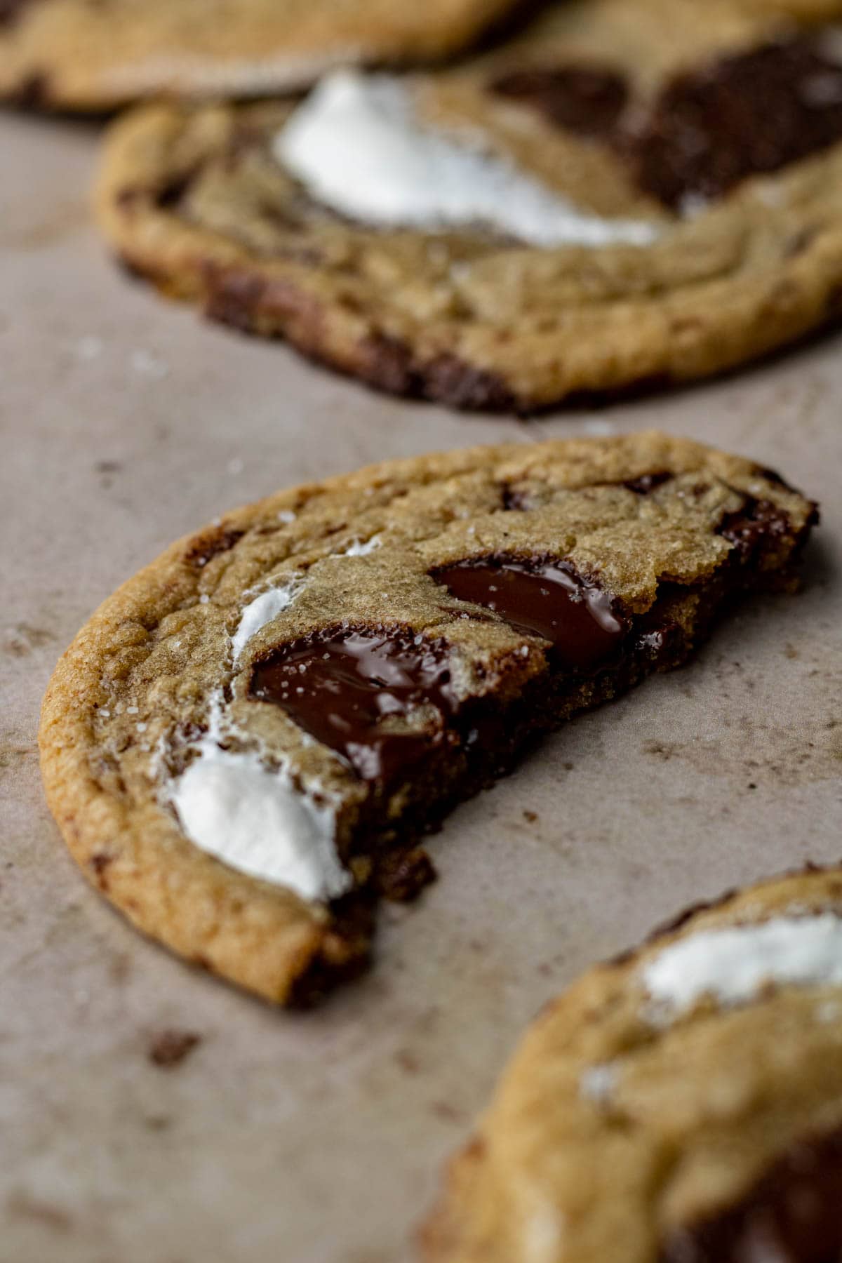 half of a chocolate chip marshmallow cookie