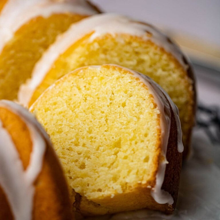 lemon bundt cake cut up into slices