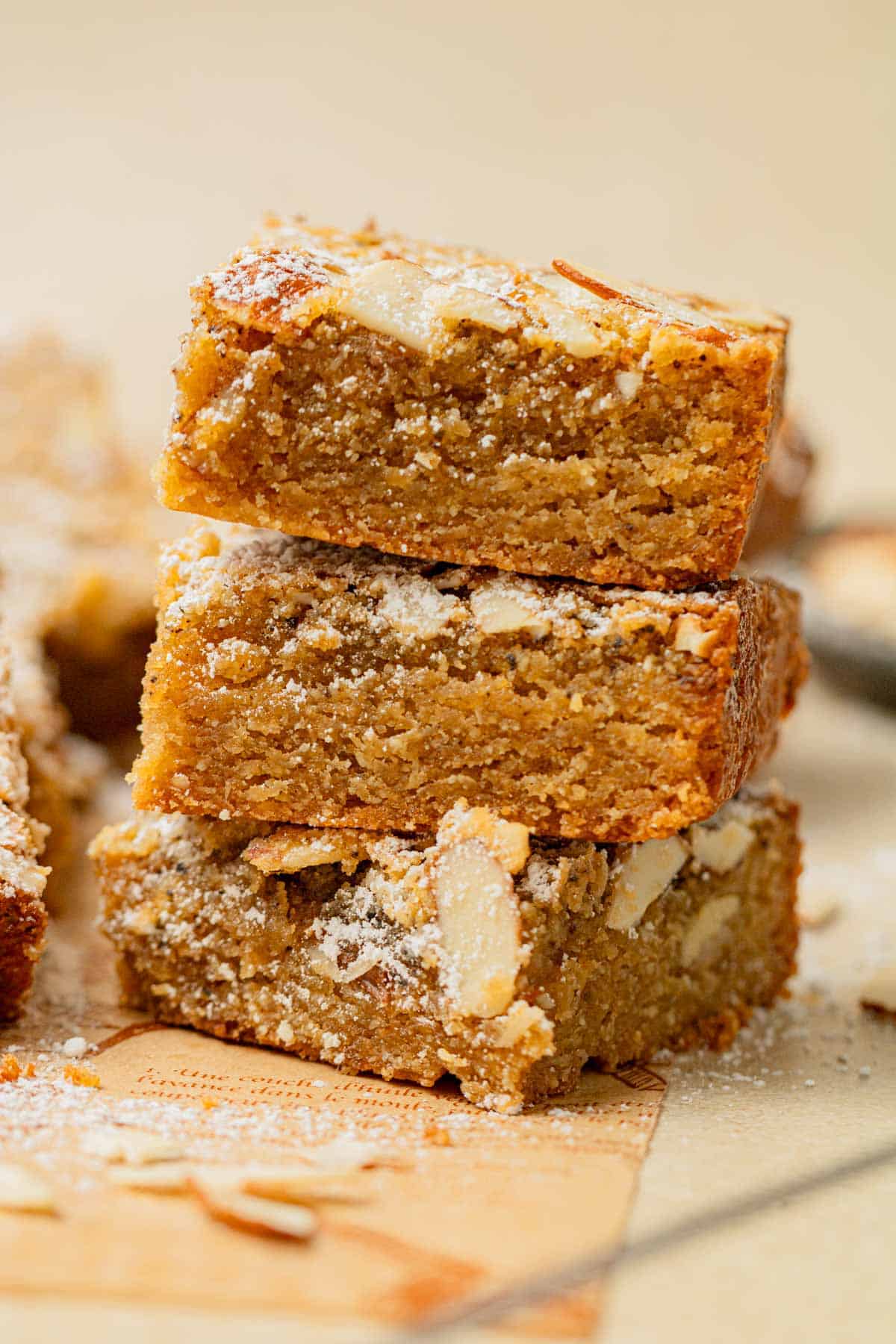 stack of chewy almond blondies with frangipane layer