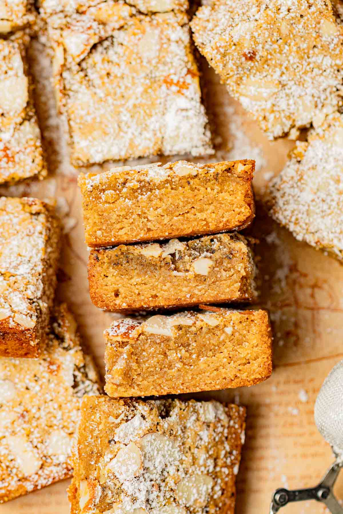 chewy brown butter almond blondies with frangipane layer
