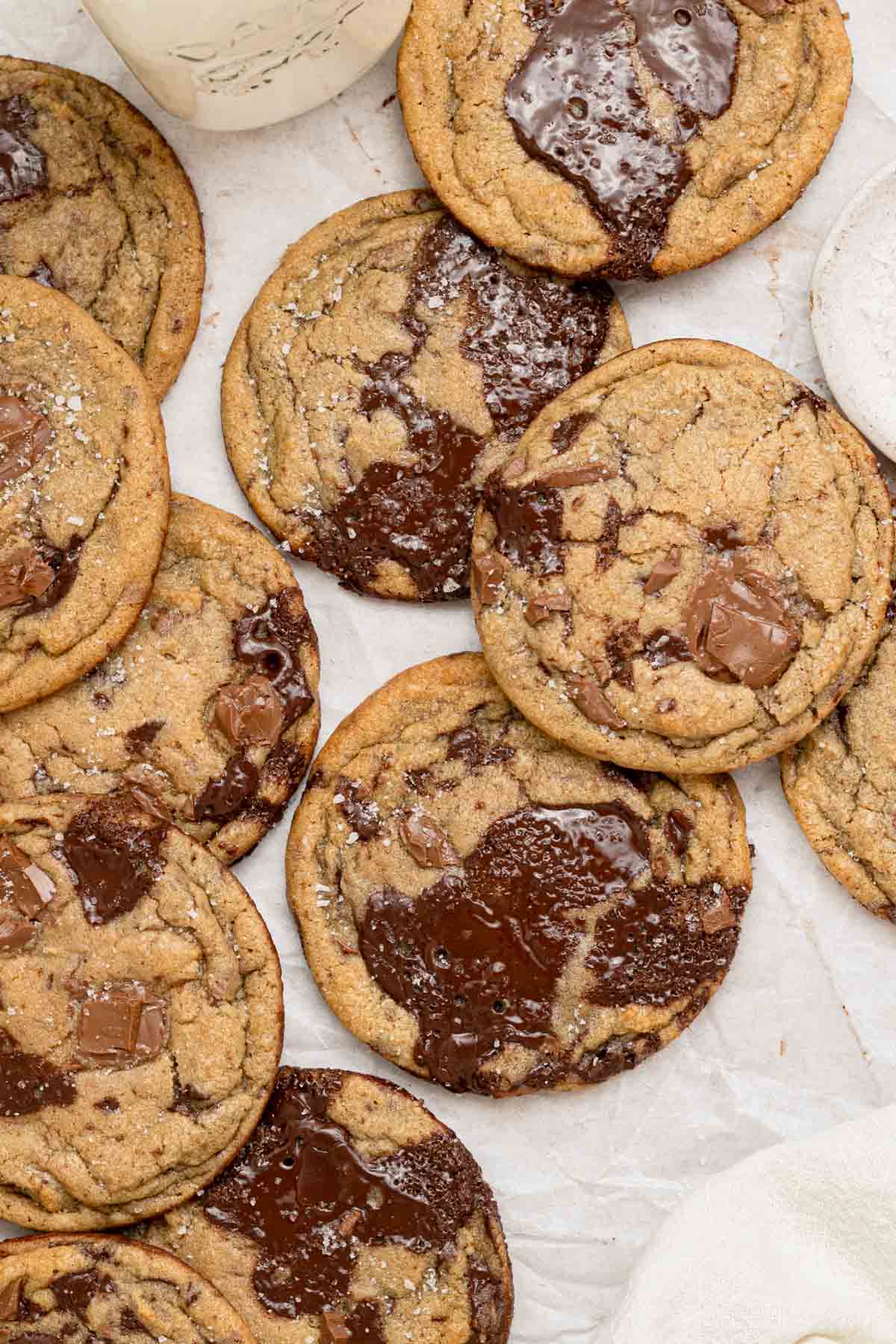 batch of chocolate chip cookies with flaky sea salt