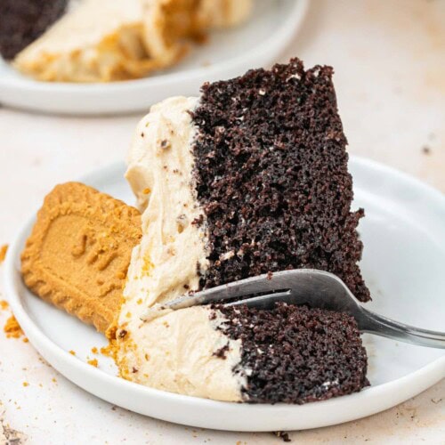 biscoff chocolate cake slice on a plate