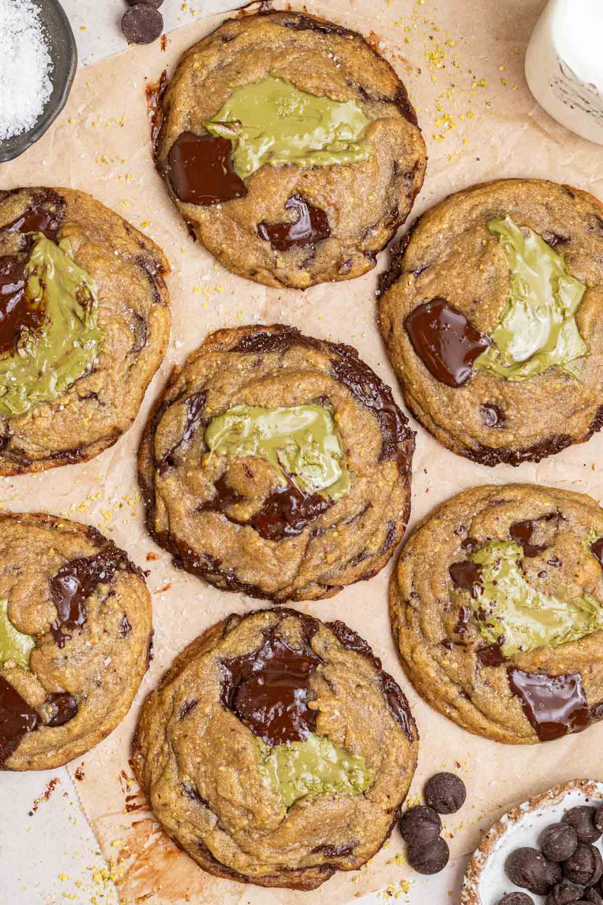 pistachio chocolate chip cookies stuffed with pistachio cream