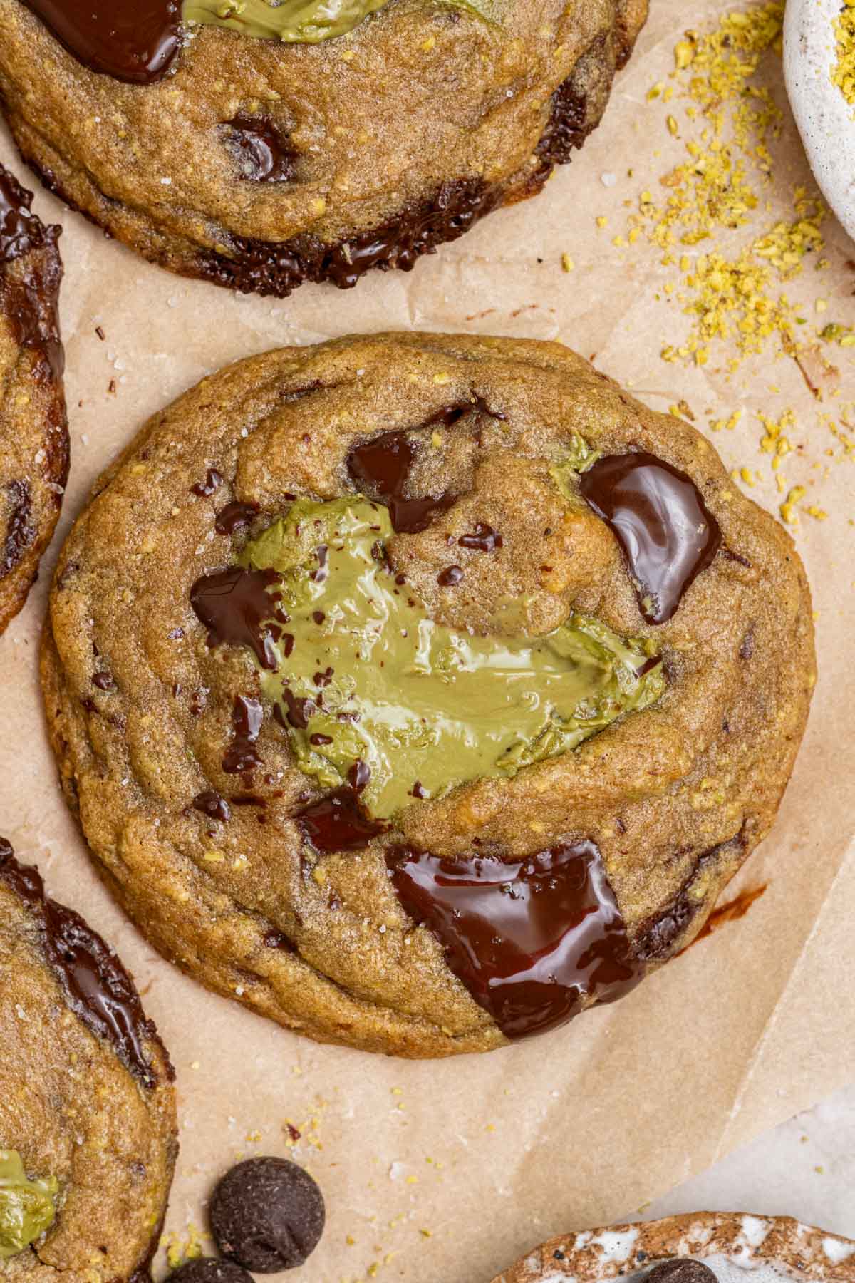overhead photo of pistachio stuffed cookie