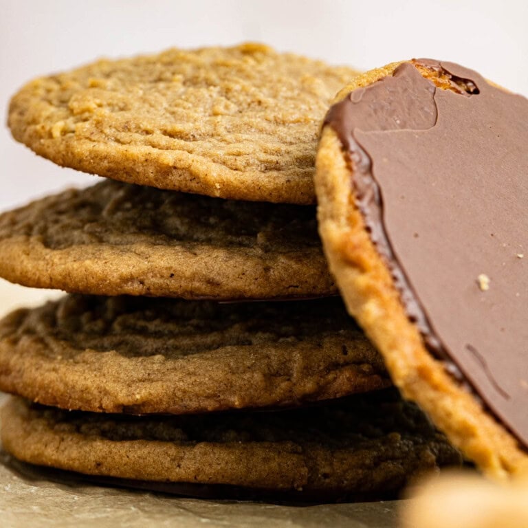 brown butter peanut butter cookies with chocolate dipped bottoms