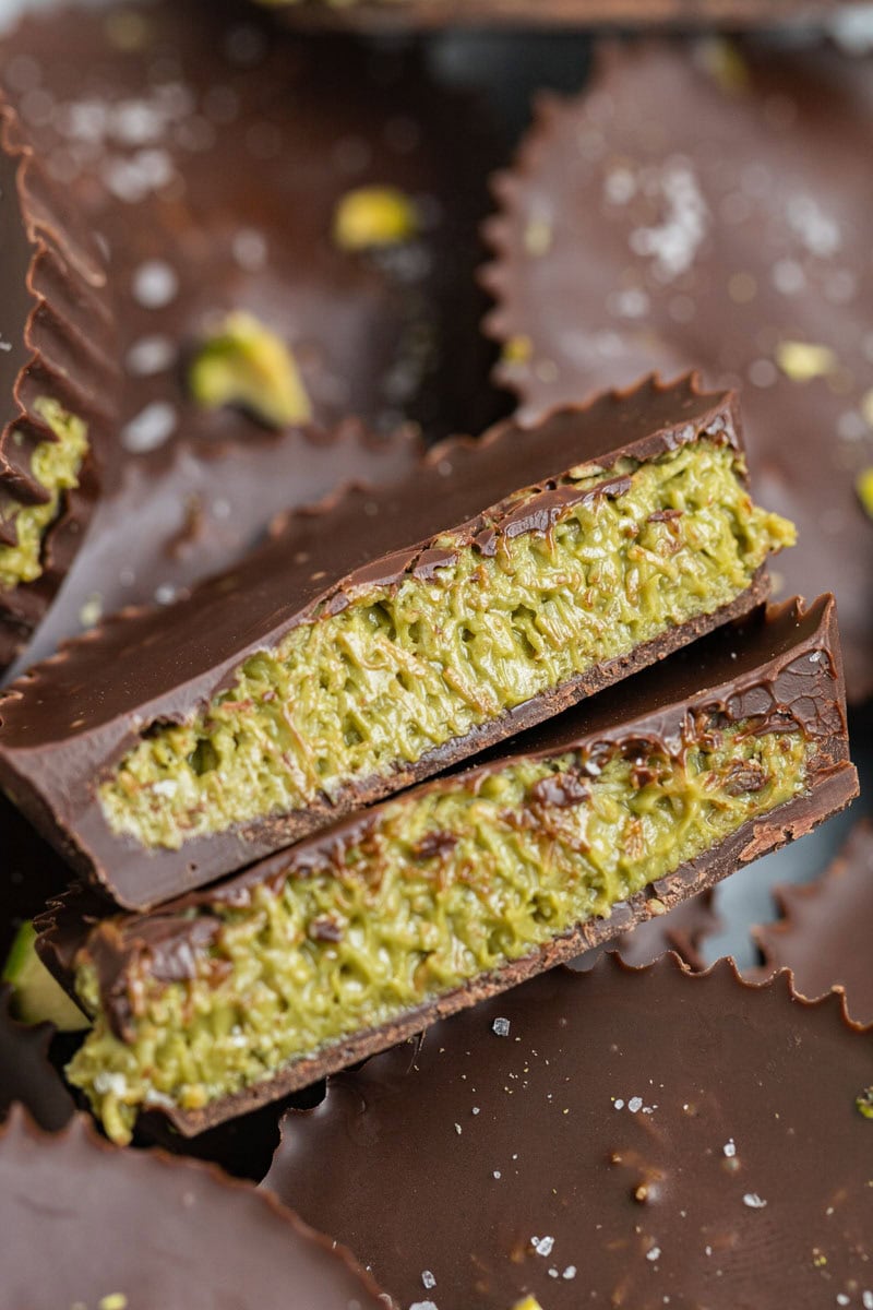 pistachio kunafa chocolate bars with pistachio cream and tahini covered in chocolate