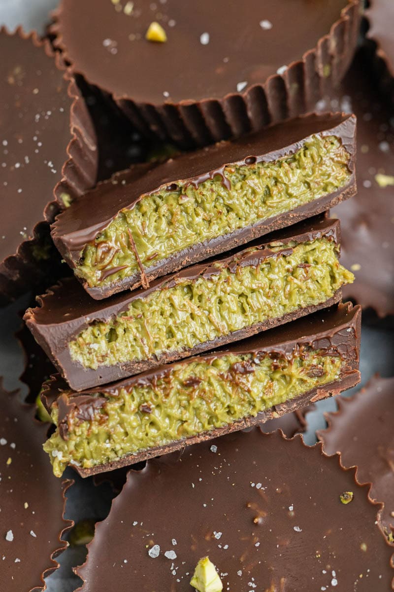 dubai chocolate cups cut in half