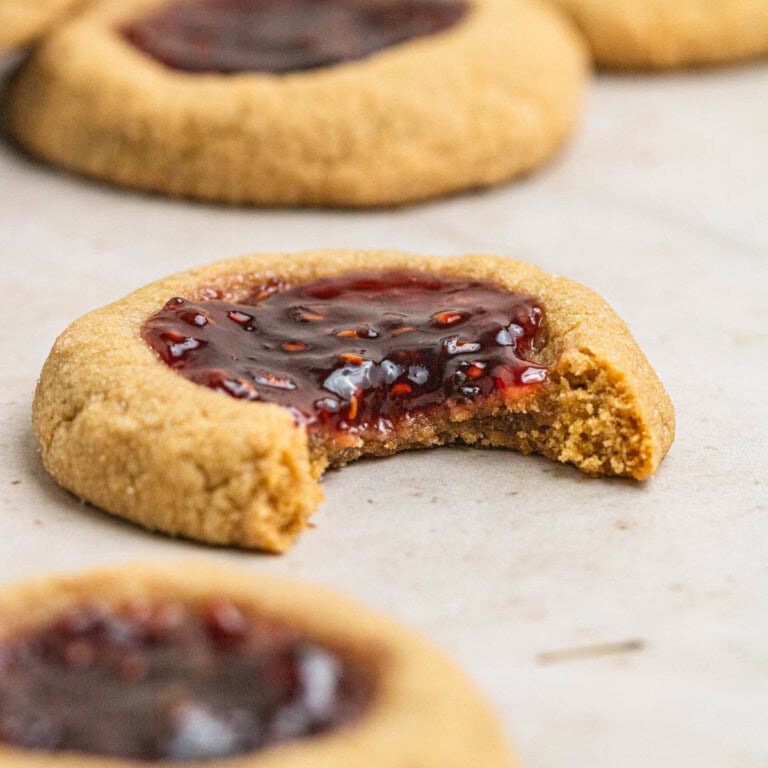 bite shot of peanut butter jelly cookies