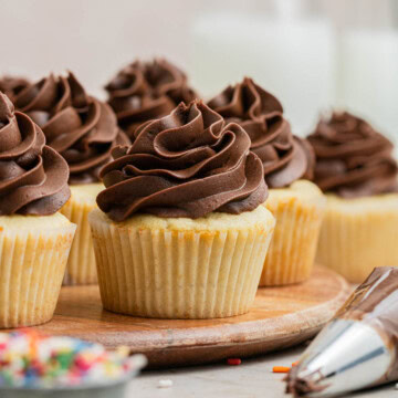 easy vanilla cupcakes with chocolate frosting rosettes