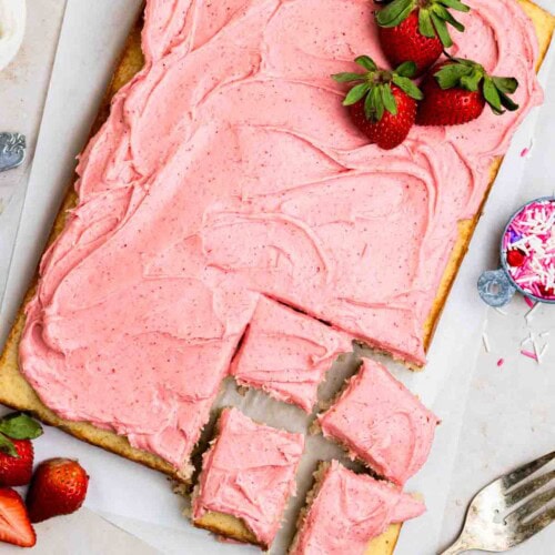 vanilla cake with strawberry frosting