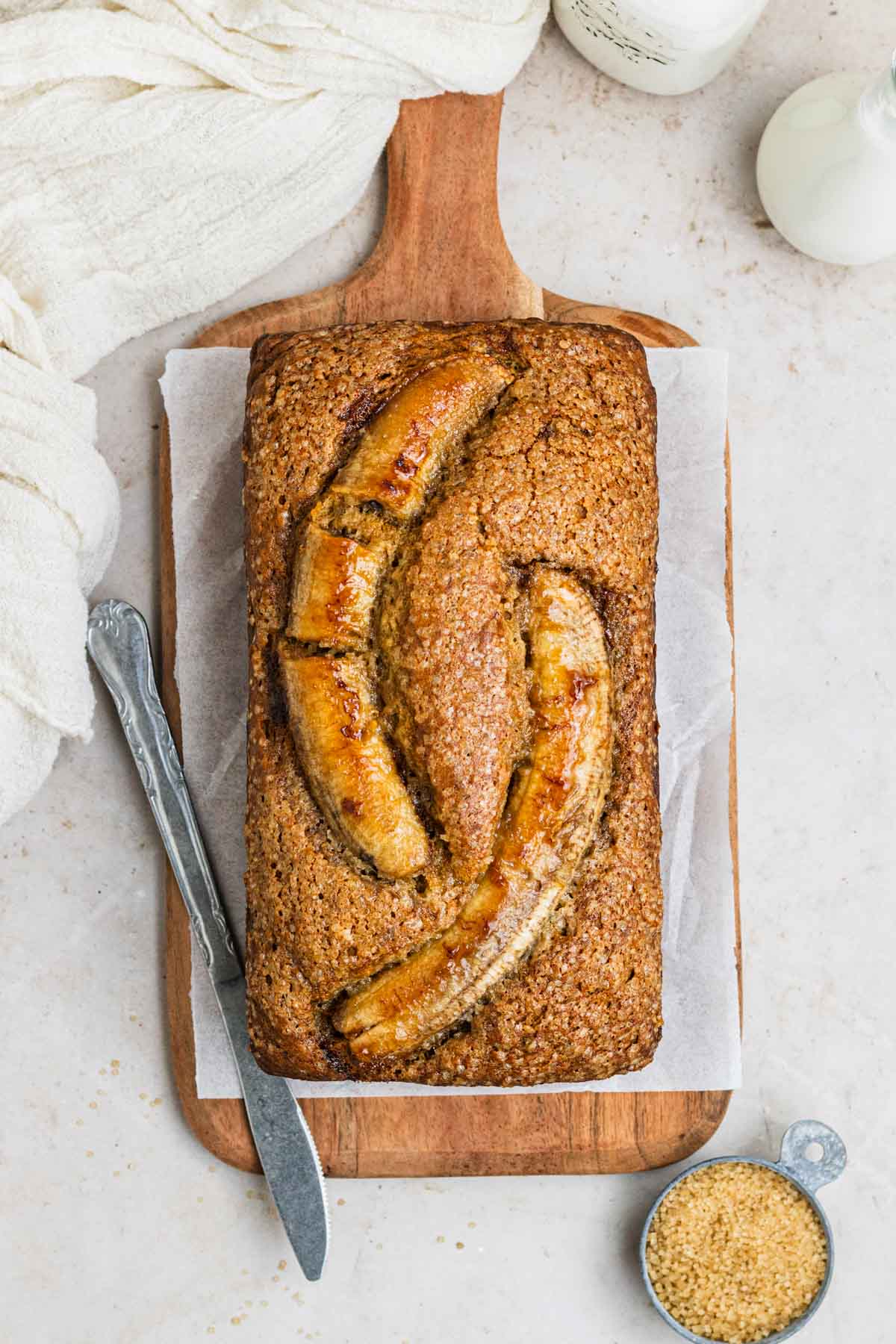 overhead photo of caramelized banana bread