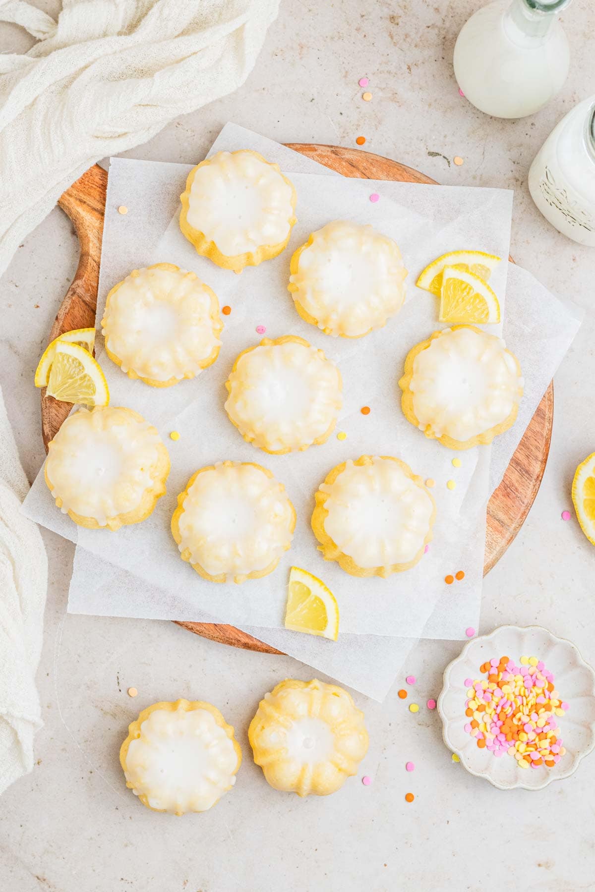 overhead shot of tiny lemon bundt cakes with lemon glaze