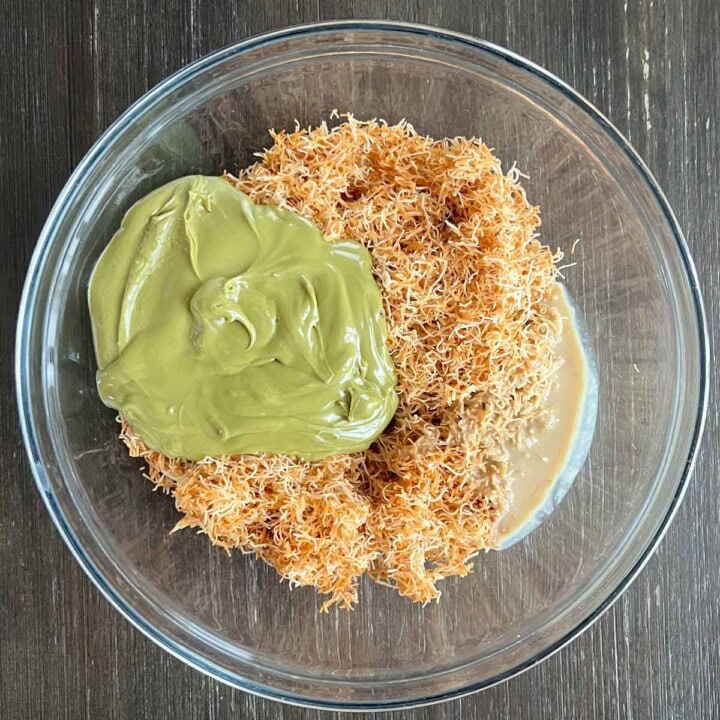 A bowl with kunafa, pistachio cream and tahini
