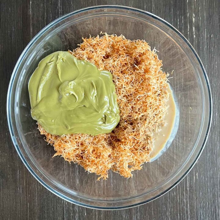 kunafa and pistachio cream in a bowl