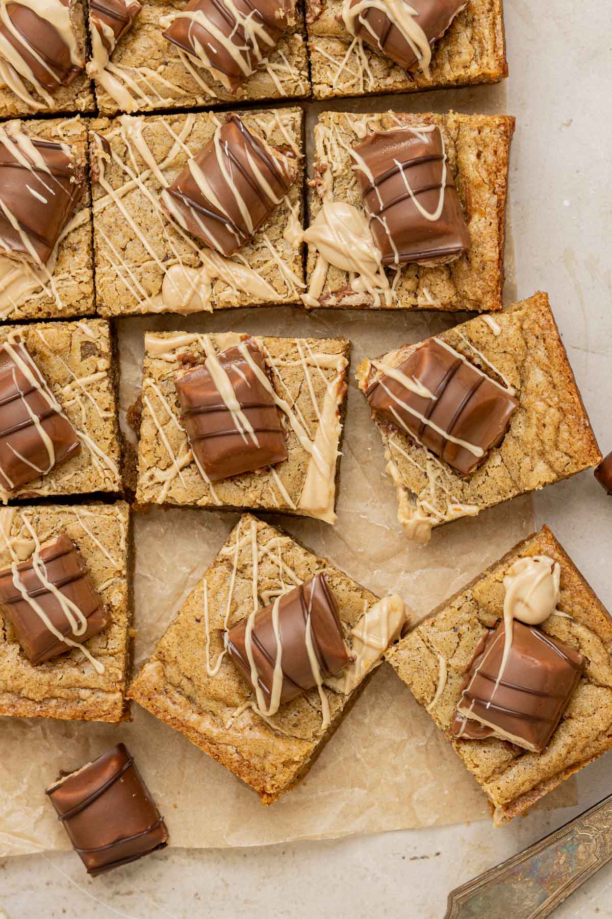 overhead shot of blondies with kinder bueno chocolate