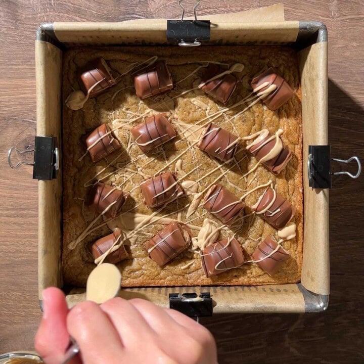 Baking and then adding bueno chocolate pieces and drizzle of hazelnut