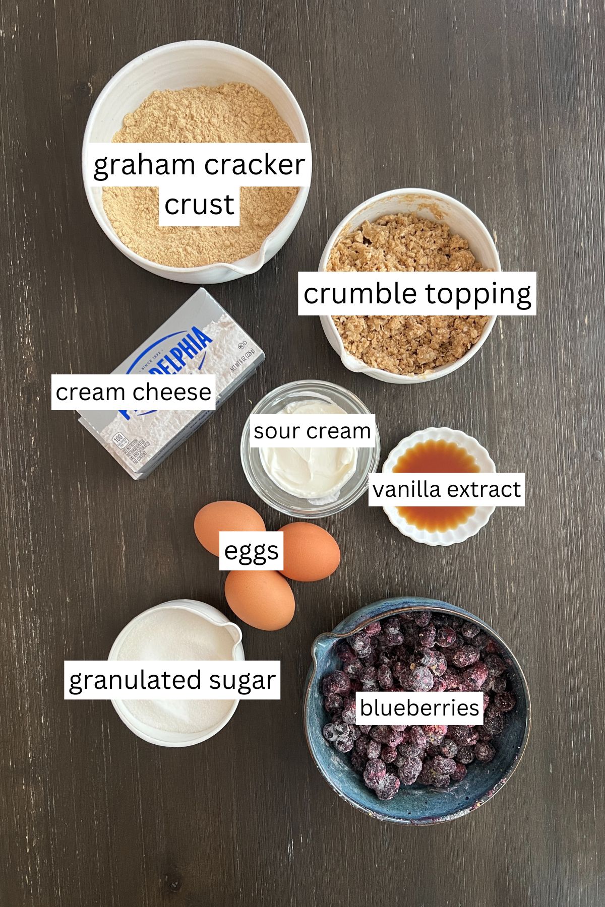 ingredients for blueberry crumble cheesecake bars