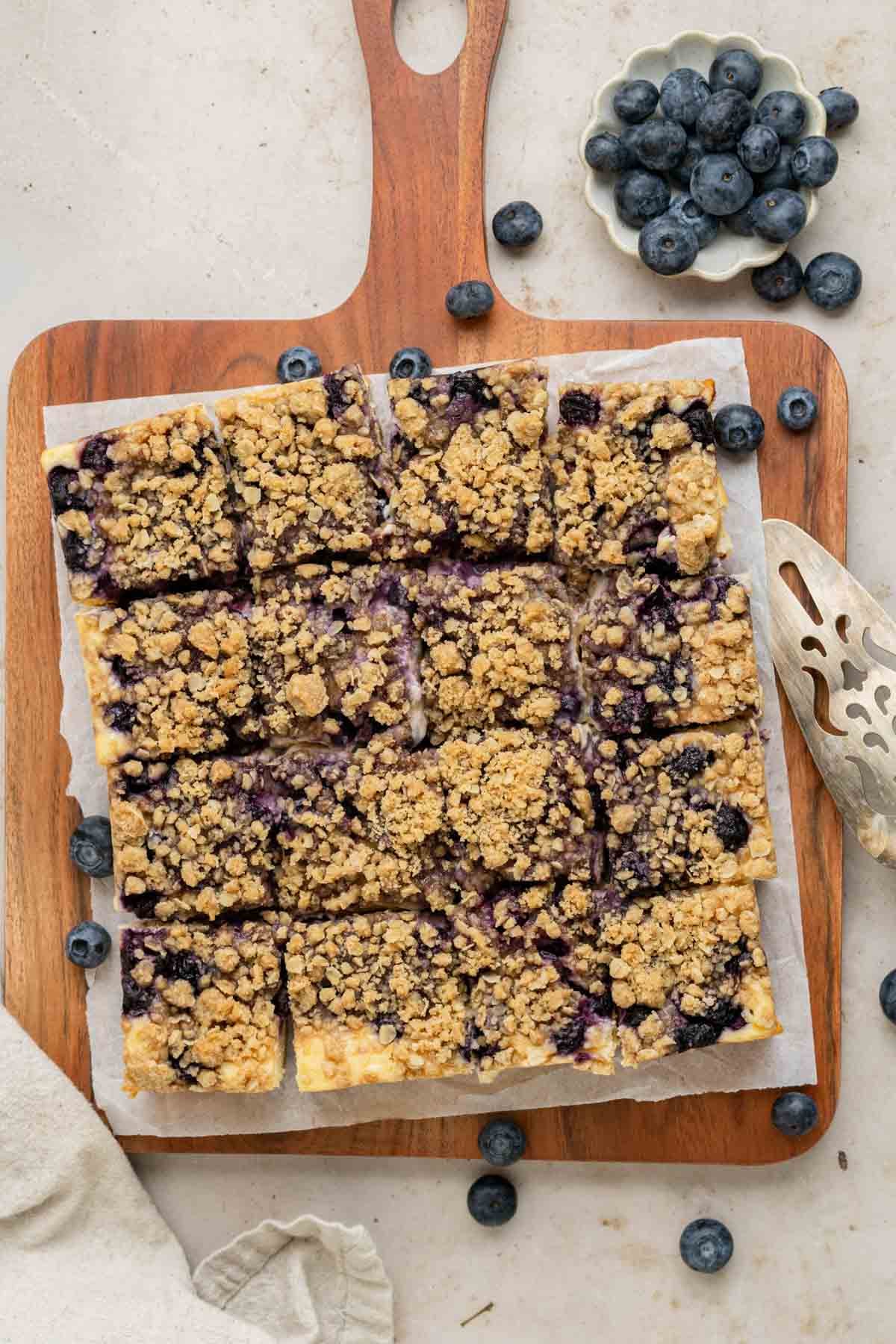 overhead photo of blueberry crumble cheesecake bars