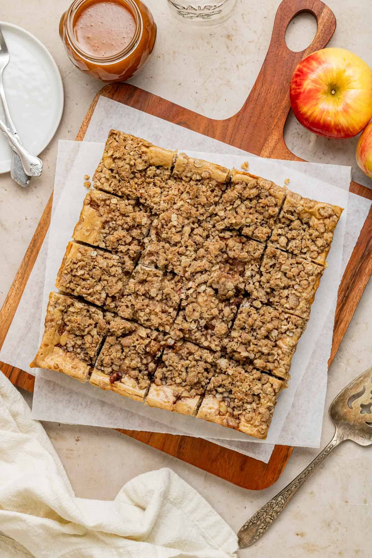 overhead shot of apple crisp cheesecake bars