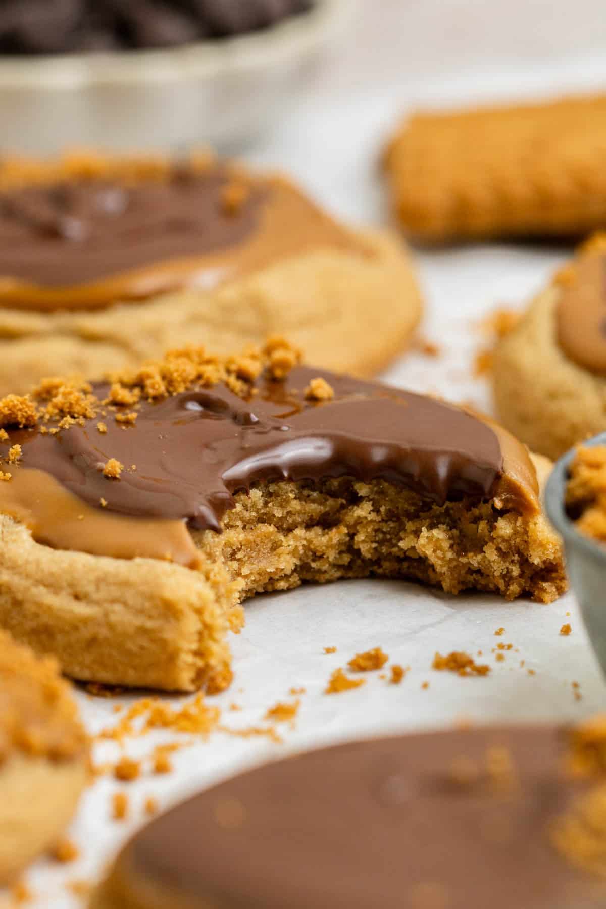bite shot of cookie butter cookie showing the chewiness of the cookie