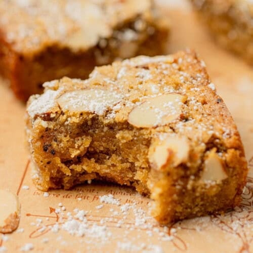 brown butter almond croissant blondies, also known as almond frangipane blondies