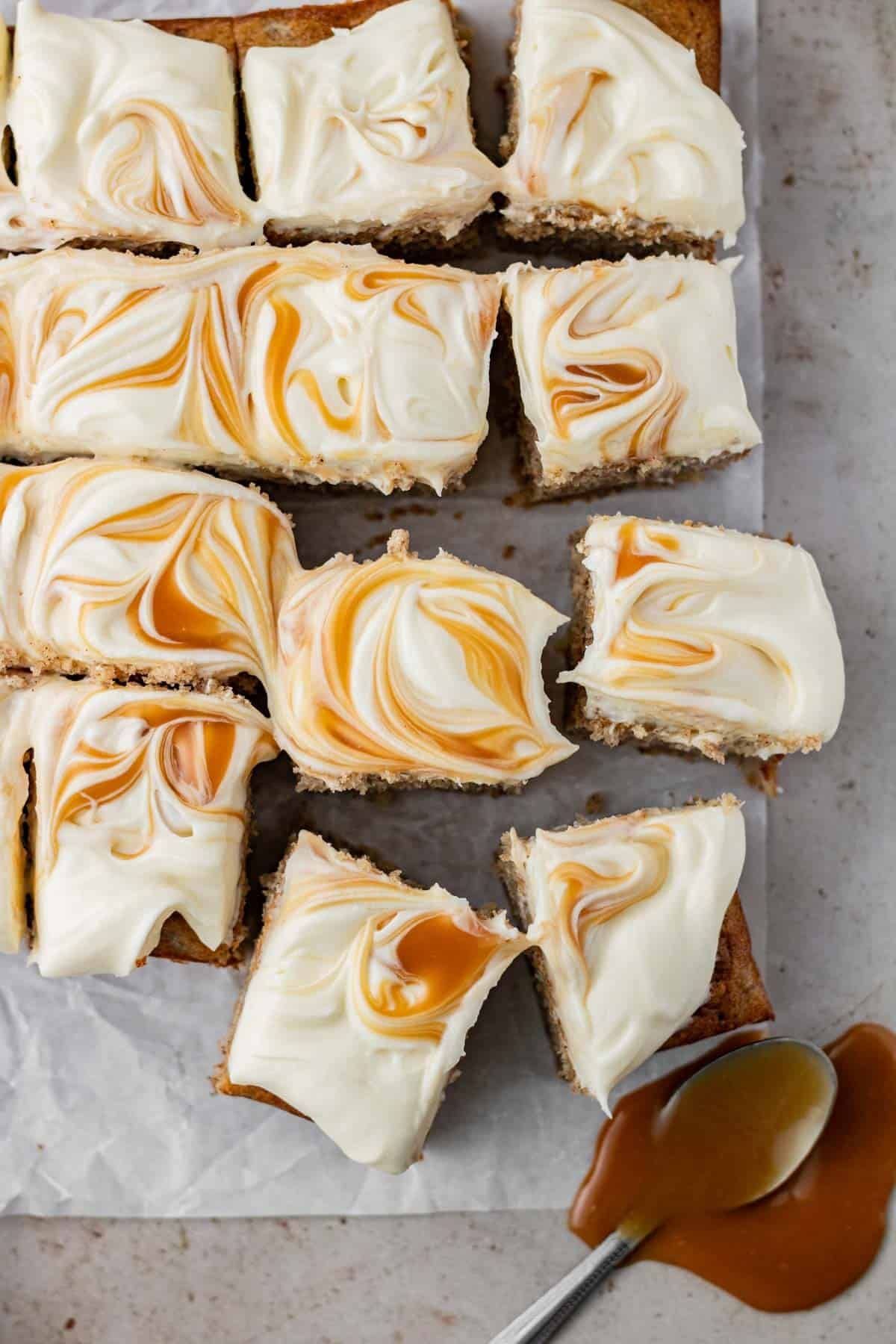 spiced banana cake cut up into slices